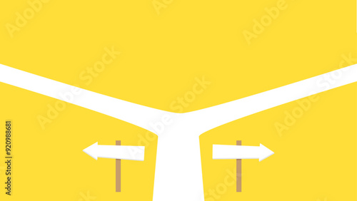Yellow background with a white road splitting into two directions, marked by signposts pointing left and right. Fork in the path with direction signs.