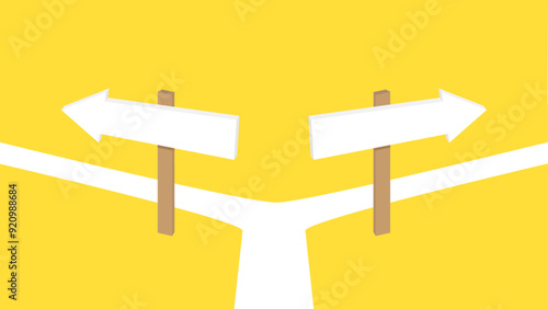Road bifurcation on a yellow background. A road splits into two paths with blank white directional signs pointing left and right. Different options to choose from, decision making concept.