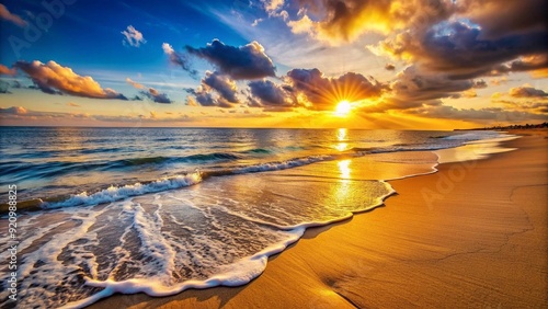 The Golden Hour's Embrace: A Beachscape Illuminated by Warm Hues  AI Generated