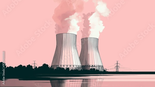 Illustration of cooling towers releasing steam against a pastel pink sky. photo