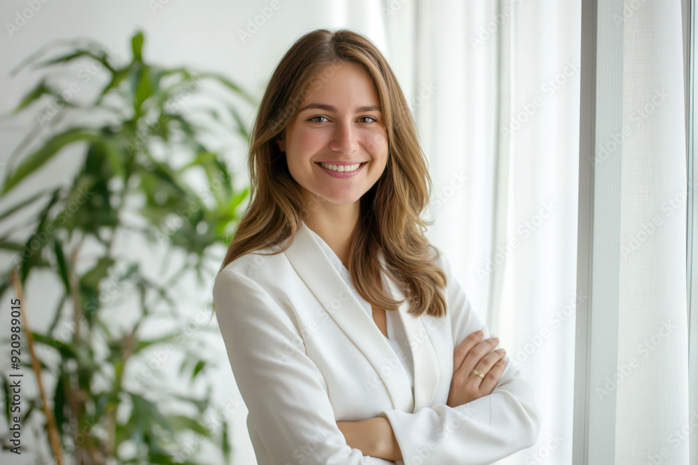 Confident Businesswoman in White Suit Smiling and Standing by Window Confident Businesswoman in White Suit Smiling and Standing by Window