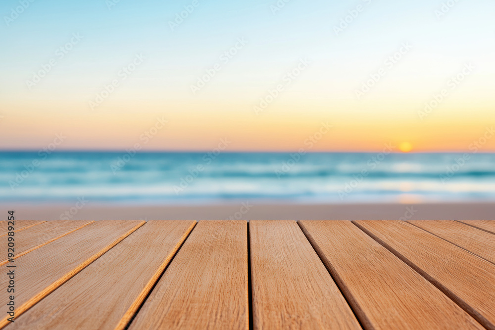 A serene beach scene with a beautiful sunset, calm waves, and wooden deck in the foreground, perfect for relaxation and peaceful escapes. A serene beach scene with a beautiful sunset, calm waves, and wooden deck in the foreground, perfect for relaxation and peaceful escapes.