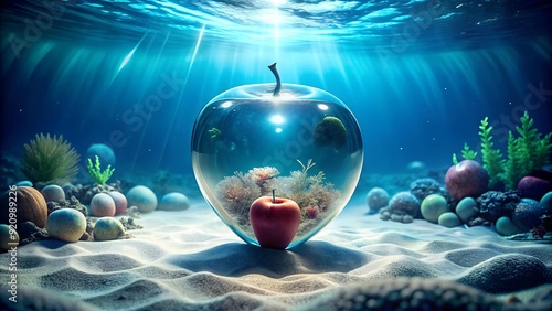 A Glass Apple Submerged in the Ocean Depths  AI generated photo