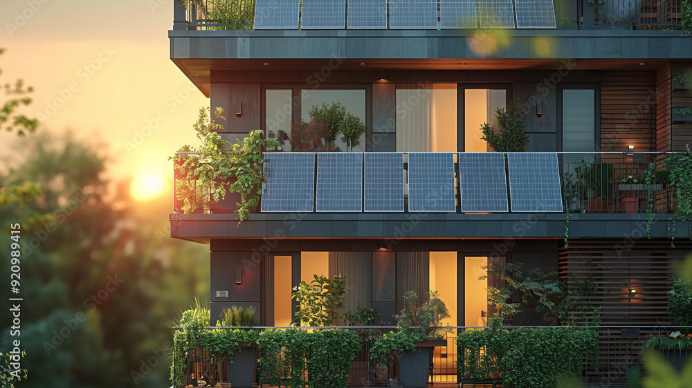 balcony with a balcony solar power system. The solar panels are mounted outside of the balcony directly in front of the railing.