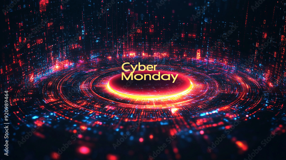 The concept of Cyber Monday. Online sale. Technological background. Microchips. Neon. A computer mouse. The concept of Cyber Monday. Online sale. Technological background. Microchips. Neon. A computer mouse.