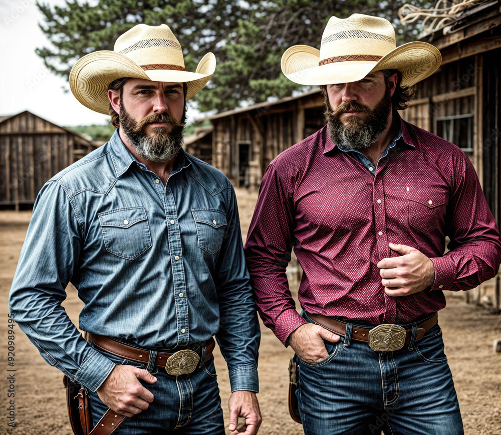 Two men wearing cowboy hats and cowboy clothing stand in a field Two men wearing cowboy hats and cowboy clothing stand in a field