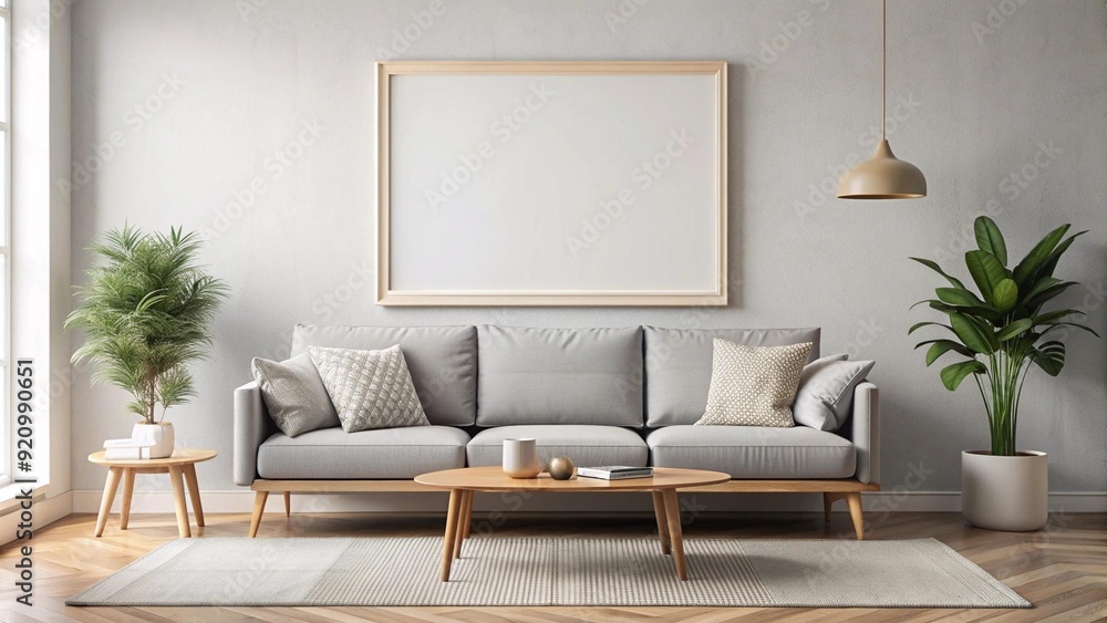 Modern Scandinavian Living Room Interior with Blank Horizontal Poster Frame Mockup and Cozy Sofa - 3D Rendering Generative AI Modern Scandinavian Living Room Interior with Blank Horizontal Poster Frame Mockup and Cozy Sofa - 3D Rendering Generative AI
