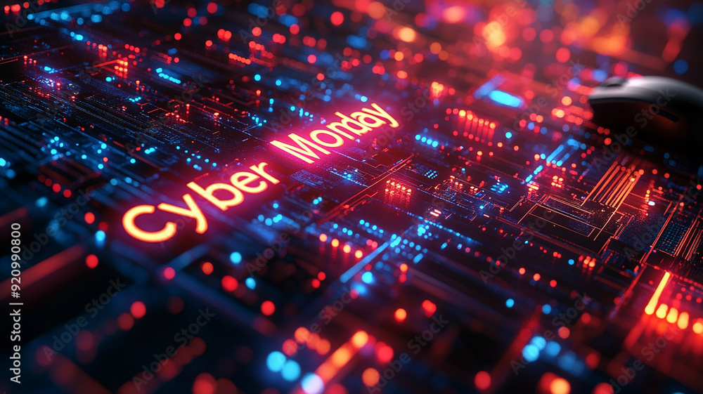 Fototapeta premium The concept of Cyber Monday. Online sale. Technological background. Microchips. Neon. A computer mouse.