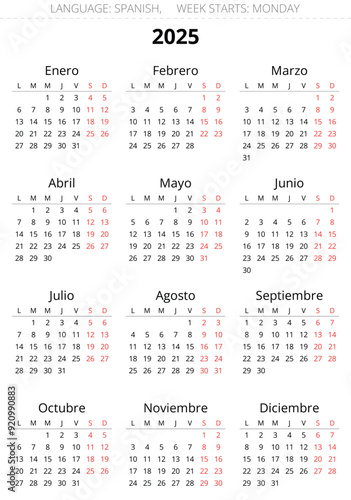 2025 vertical spanish calendars. Printable vector illustration for Spain. Plan your year with calendar style
