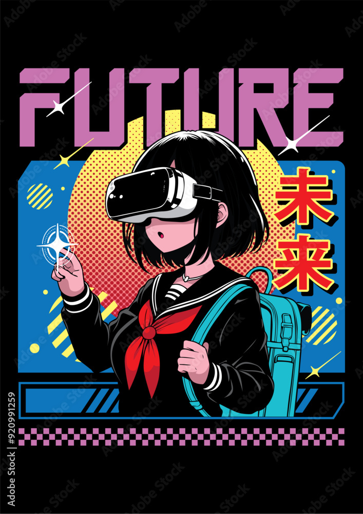 Anime girl poster in manga style. Tokyo Japan anime girl with concept of virtual reality,retro,futurism,futuristic,cyberpunk. Japanese y2k vector illustration. Kanji translation is Future Anime girl poster in manga style. Tokyo Japan anime girl with concept of virtual reality,retro,futurism,futuristic,cyberpunk. Japanese y2k vector illustration. Kanji translation is Future