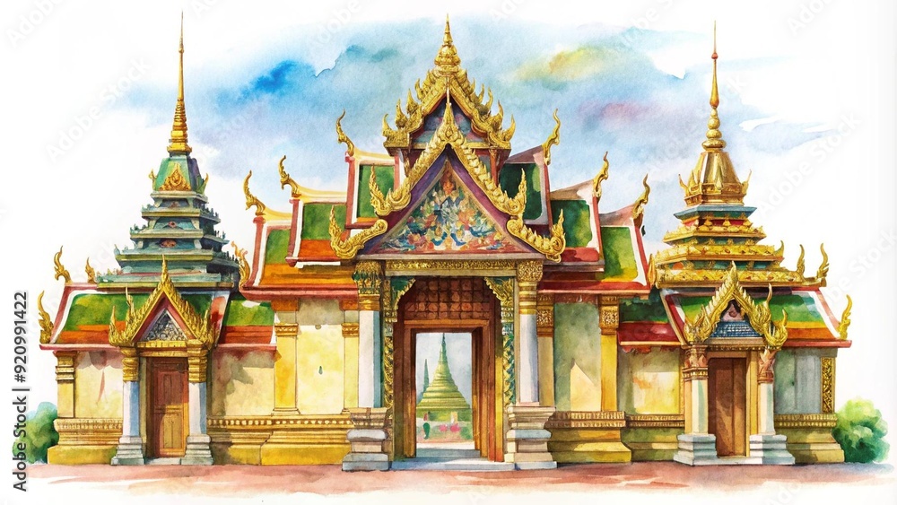 Fototapeta premium Vibrant Thai Temple Gates in Watercolor generative AI