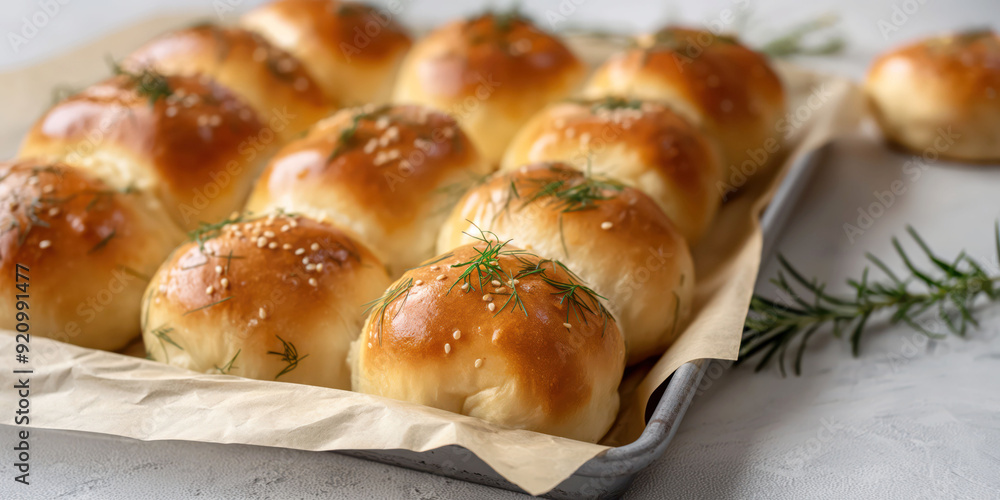Freshly Baked Dinner Rolls with Herbs and Sesame Seeds on Parchment Paper Freshly Baked Dinner Rolls with Herbs and Sesame Seeds on Parchment Paper