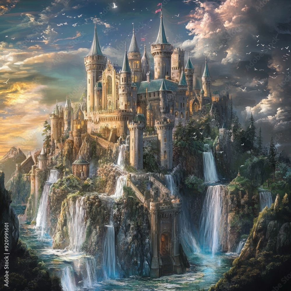 Obraz premium Enchanting Anime Wonderland: Whimsical Castle in Dreamy Cloudscape. Vibrant Colorful Landscape with Cinematic Sky. Perfect for Game Scenes, Posters, Novel Illustrations, UI Design, and Creative Market
