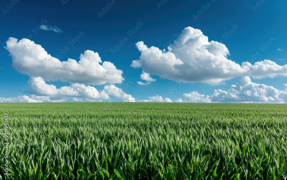 Vast green cornfield under a bright blue sky filled with fluffy white clouds, symbolizing agriculture, growth, and natural beauty. Vast green cornfield under a bright blue sky filled with fluffy white clouds, symbolizing agriculture, growth, and natural beauty.