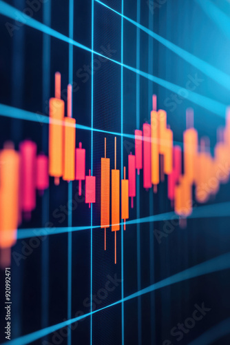 Close-up of a financial stock market chart showing data visualization with candlestick patterns on a dark background, representing trading and investment.