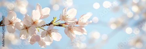 Delicate cherry blossom flowers bloom in spring, capturing the essence of nature's beauty under a serene blue sky.