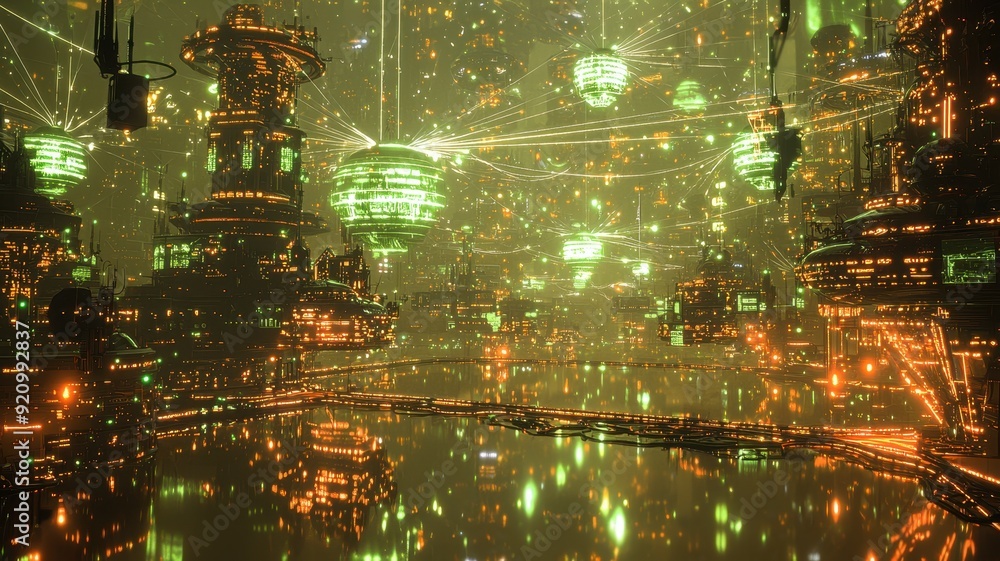 Fototapeta premium Futuristic digital cityscape featuring glowing lights, intricate structures, and a vibrant atmosphere, ideal for sci-fi themes.