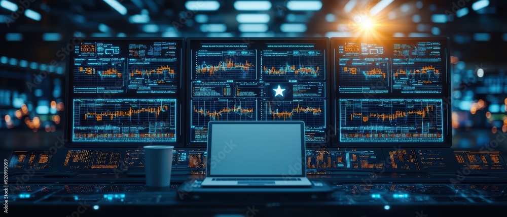 A modern workspace featuring multiple screens displaying data analytics and a laptop, ideal for tech and finance projects. A modern workspace featuring multiple screens displaying data analytics and a laptop, ideal for tech and finance projects.