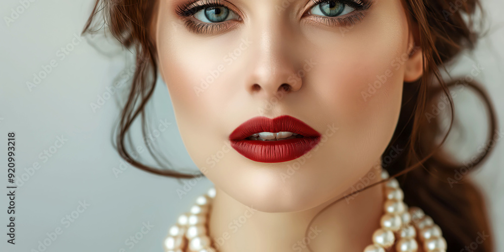 Fototapeta premium Elegant Woman with Red Lips and Pearls, Close-Up Portrait, Stylish Makeup and Jewelry