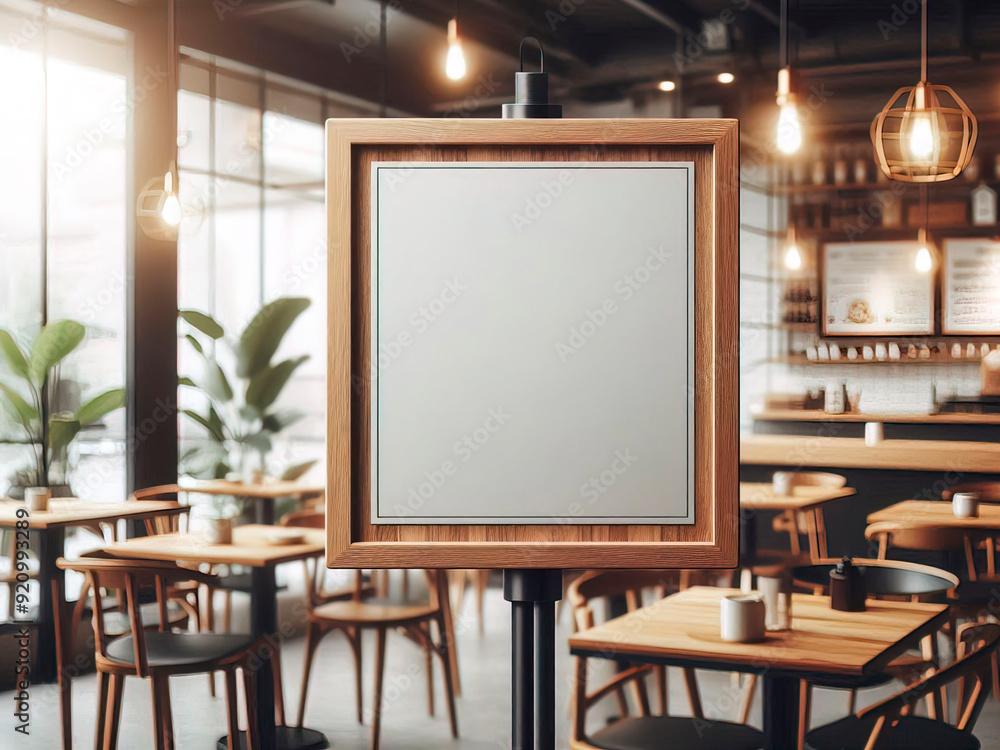 Empty signboard with a wooden texture on a stand, in a cafe setting, concept of branding mockup Empty signboard with a wooden texture on a stand, in a cafe setting, concept of branding mockup