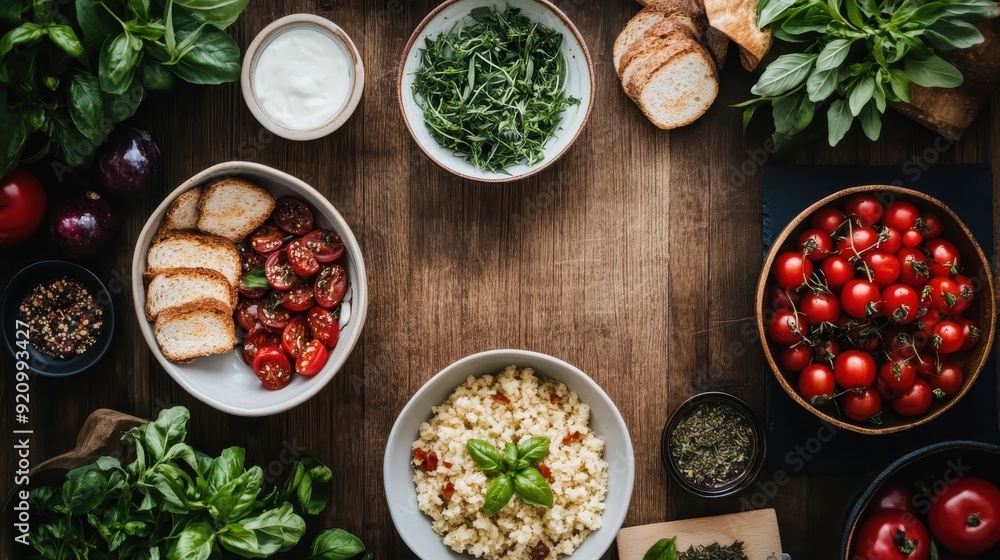 An enticing spread featuring fresh vegetables, bread, and herbs is beautifully arranged on a wooden table, embodying the essence of healthy and natural eating. An enticing spread featuring fresh vegetables, bread, and herbs is beautifully arranged on a wooden table, embodying the essence of healthy and natural eating.