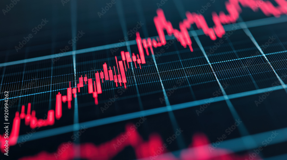 Close-up view of a stock market graph showing red trends on a digital screen, representing financial data and market analysis. Close-up view of a stock market graph showing red trends on a digital screen, representing financial data and market analysis.