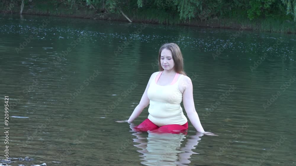 Woman makes yoga exersices in the river during hot summer day. Wet yoga style Woman makes yoga exersices in the river during hot summer day. Wet yoga style