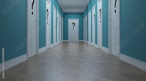 Endless hallway with doors marked by question marks, representing the unknown paths and choices in life, a surreal atmosphere