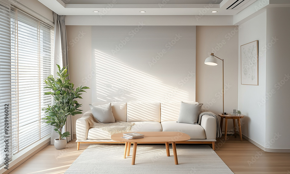 a living room with a couch and a table with a lamp on it a living room with a couch and a table with a lamp on it