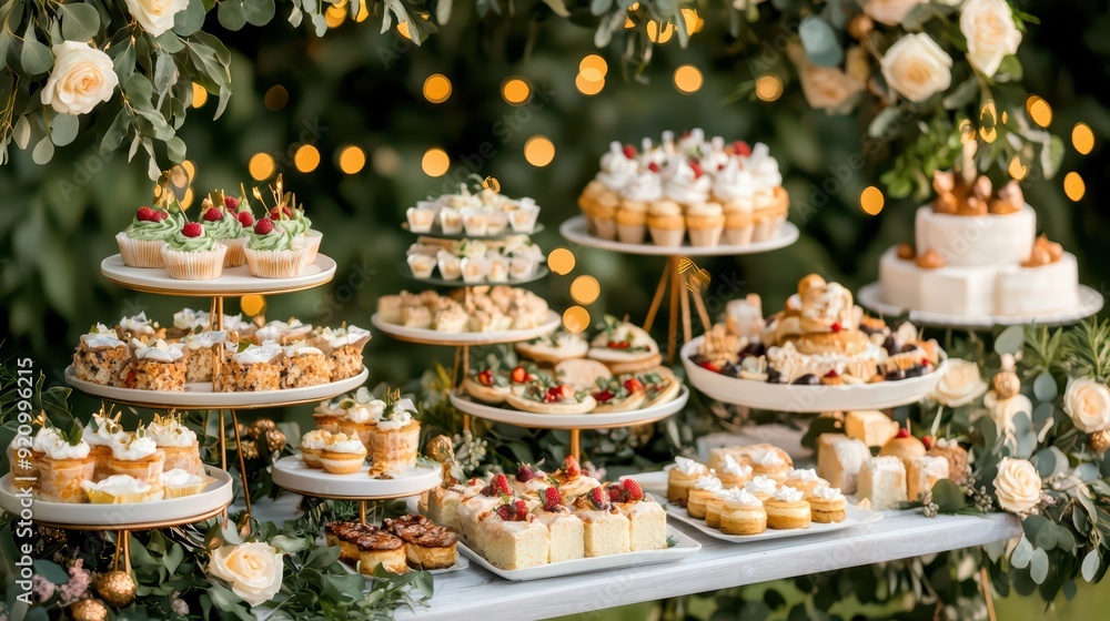 A stunning display of assorted desserts and pastries, beautifully arranged for an elegant celebration with floral accents. A stunning display of assorted desserts and pastries, beautifully arranged for an elegant celebration with floral accents.