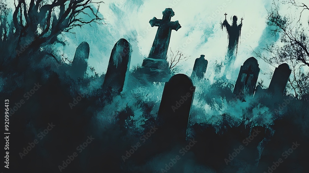 Haunting graveyard scene with tombstones and ghostly figures in eerie mist, perfect for Halloween themes and spooky designs. Haunting graveyard scene with tombstones and ghostly figures in eerie mist, perfect for Halloween themes and spooky designs.
