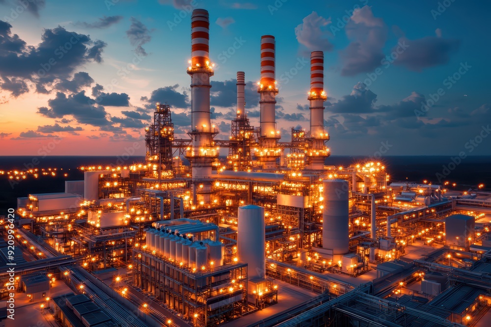 Obraz premium A stunning industrial scene showcasing illuminated power plants against a twilight sky, highlighting energy production in motion.