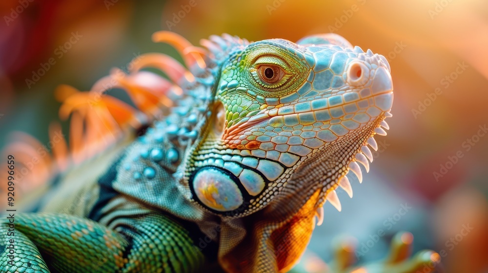 A colorful iguana is showcased basking in the warm sunlight, highlighting its intricate and richly detailed scales, giving insight into its natural habitat and beauty. A colorful iguana is showcased basking in the warm sunlight, highlighting its intricate and richly detailed scales, giving insight into its natural habitat and beauty.
