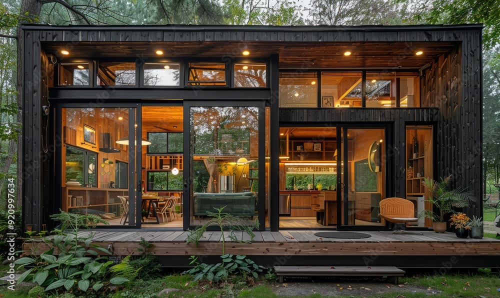 Contemporary tiny house with large windows. Contemporary tiny house with large windows.