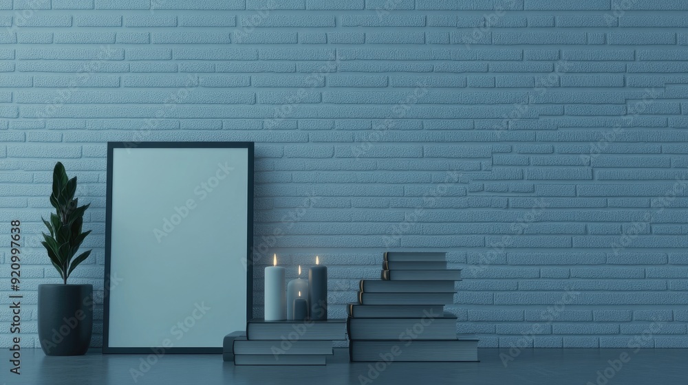 An inviting decor display with a white brick wall, candles, and potted plants, while an empty frame awaits artwork on a neatly arranged desk An inviting decor display with a white brick wall, candles, and potted plants, while an empty frame awaits artwork on a neatly arranged desk