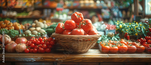 Beautiful display of fresh fruits and vegetables on wooden shelves, showcasing a variety of colorful produce in a rustic setting.