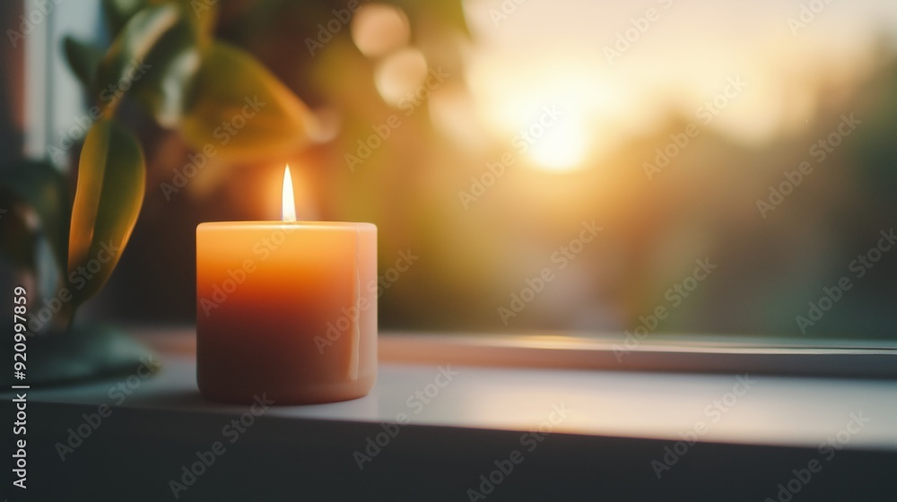 A lit candle on a windowsill with sunset glow in the background. A lit candle on a windowsill with sunset glow in the background.