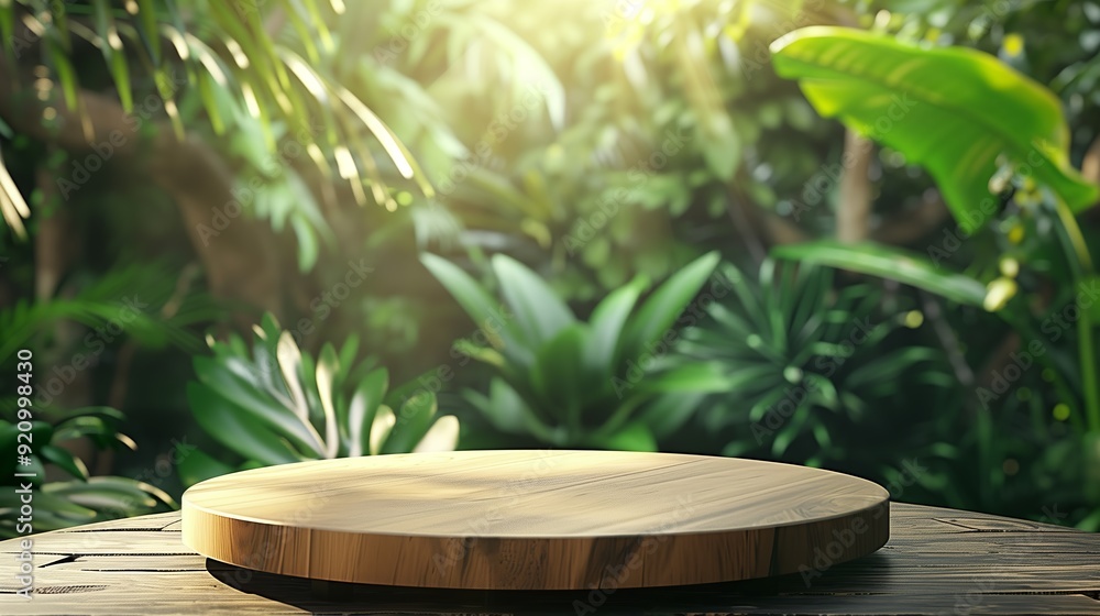 Wooden Tabletop with Tropical Green Background Wooden Tabletop with Tropical Green Background