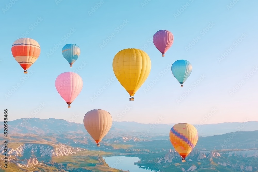 Fototapeta premium Colorful hot air balloons floating over a misty landscape at sunrise, creating a serene and dreamy atmosphere.