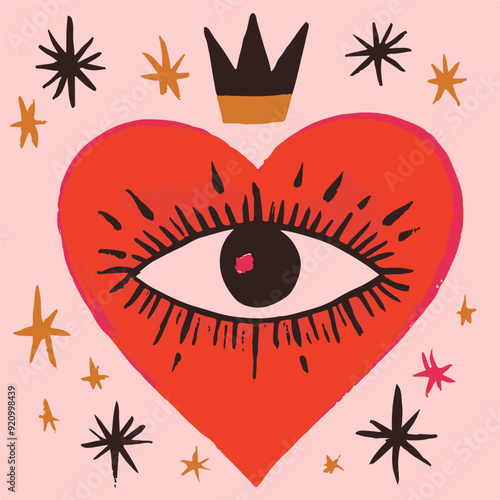 Vector quirky crying valentine's heart, groovy cute comic character. Boho doodle modern print, funny hand-drawn playful art