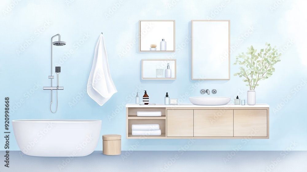 Smart home, modern bathroom with voice-activated shower, Watercolor style Smart home, modern bathroom with voice-activated shower, Watercolor style