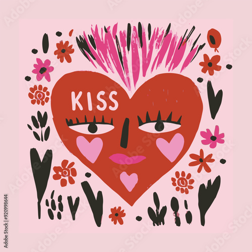 Vector quirky crying valentine's heart, groovy cute comic character. Boho doodle modern print, funny hand-drawn playful art