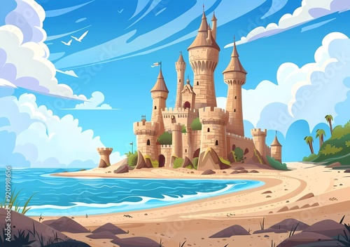 Vector cartoon illustration of medieval castle on the sea shore, beach and sky background. photo