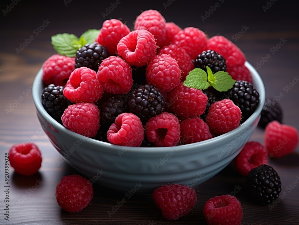 Fresh Raspberries and Blackberries in Bowl Fresh Raspberries and Blackberries in Bowl