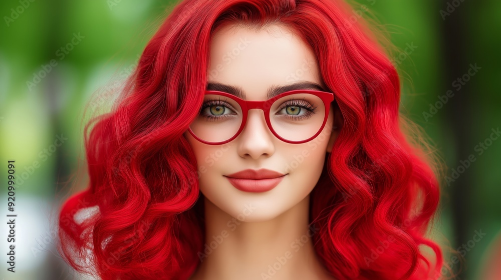 Fototapeta premium A woman with red hair and green eyes is wearing glasses. She has a smile on her face and is looking directly at the camera