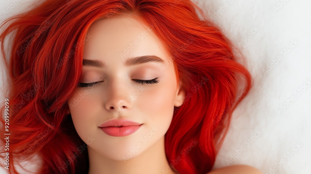 Fototapeta premium A woman with red hair and a red face is sleeping