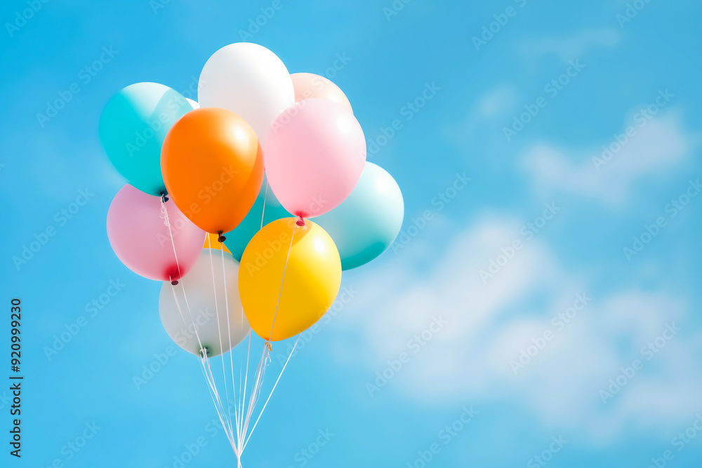 A group of multicolored balloons drifts upwards into the clear sky, evoking a sense of happiness and festivity A group of multicolored balloons drifts upwards into the clear sky, evoking a sense of happiness and festivity