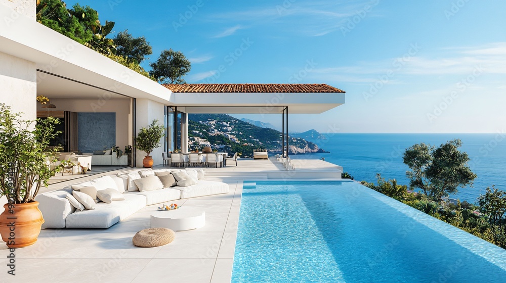 Fototapeta premium A luxurious coastal villa with a stunning infinity pool, offering panoramic ocean views, spacious outdoor living areas, and modern design.