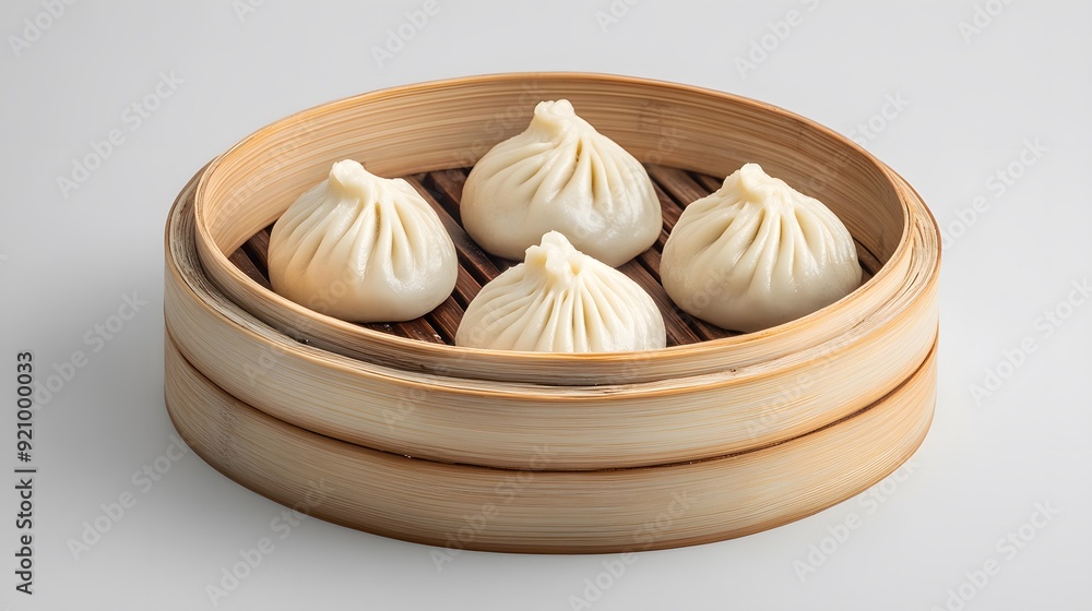 Realistic photograph of four steamed buns in a wooden basket against a solid stark white background with focused lighting, dumplings Realistic photograph of four steamed buns in a wooden basket against a solid stark white background with focused lighting, dumplings