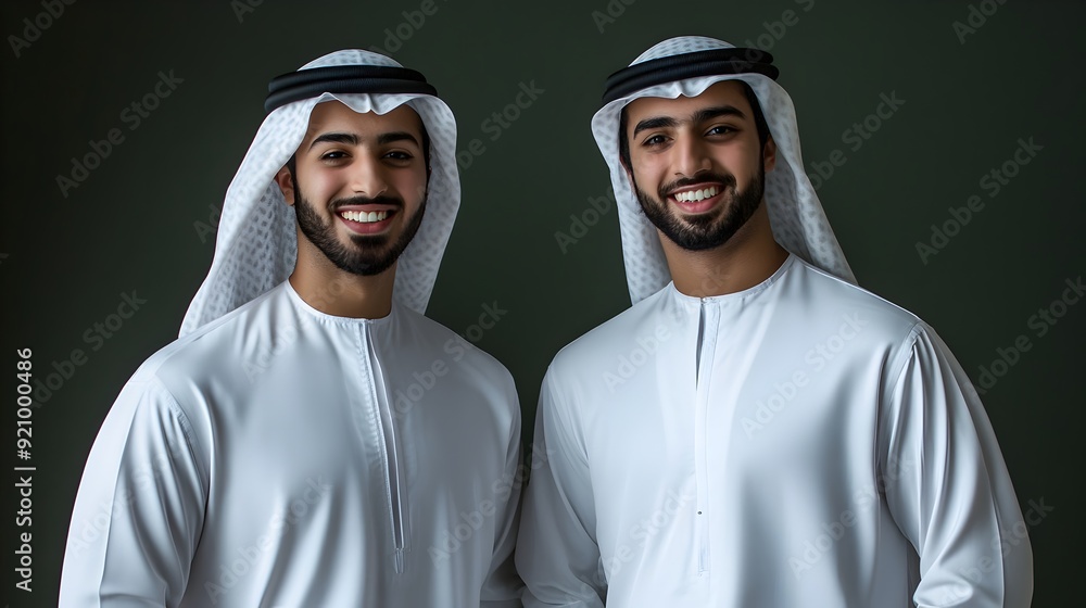 Two Emirati Businessmen in Professional Attire Smiling with Confidence and Success Two Emirati Businessmen in Professional Attire Smiling with Confidence and Success